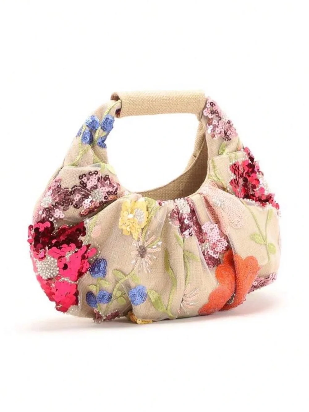NEW Sequin Floral Embroidered Beige Shoulder Bag